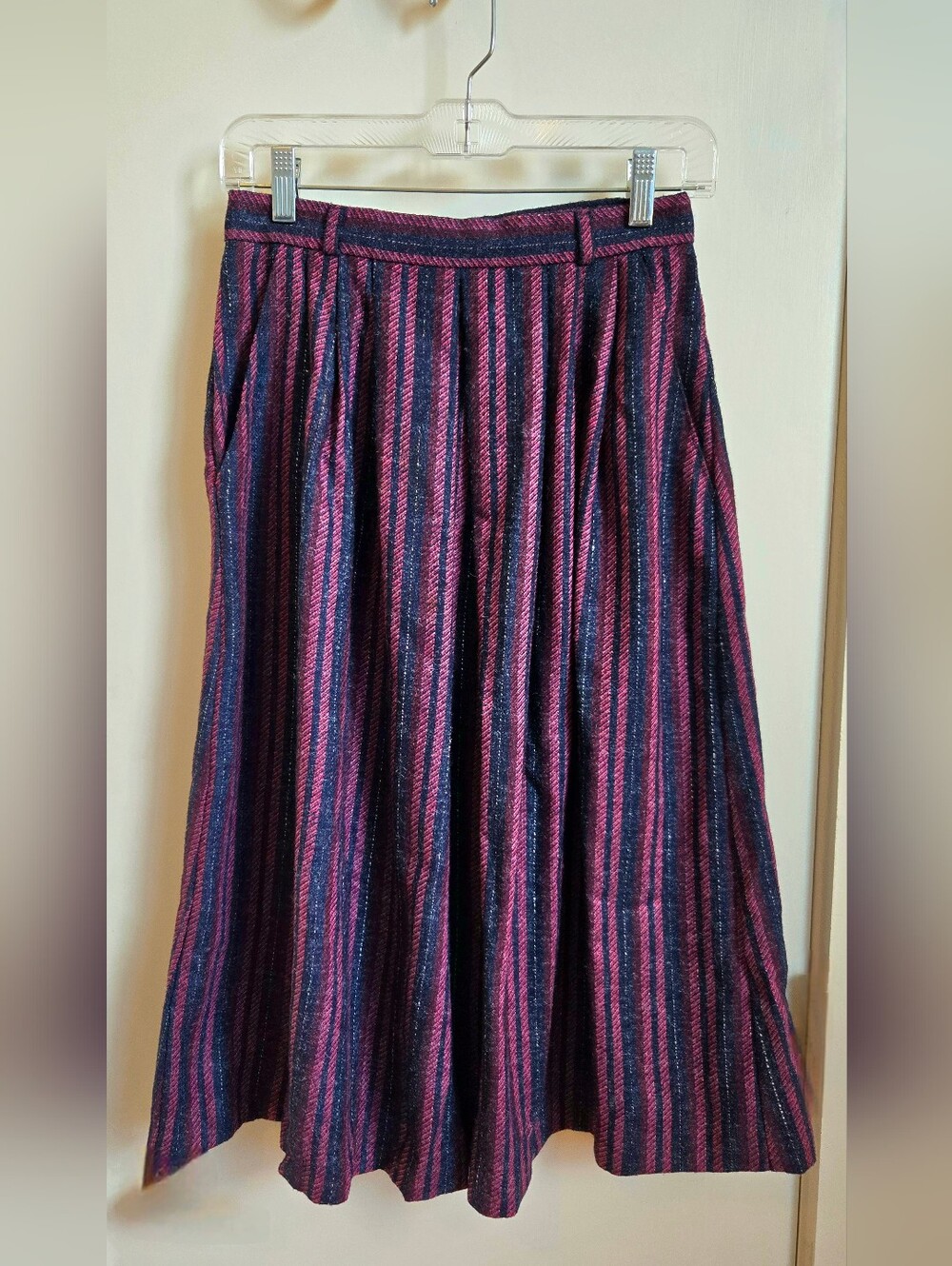 Vintage 80s/90s Present Tense Striped Midi Skirt, Pleated Plum & Navy Wool Blend